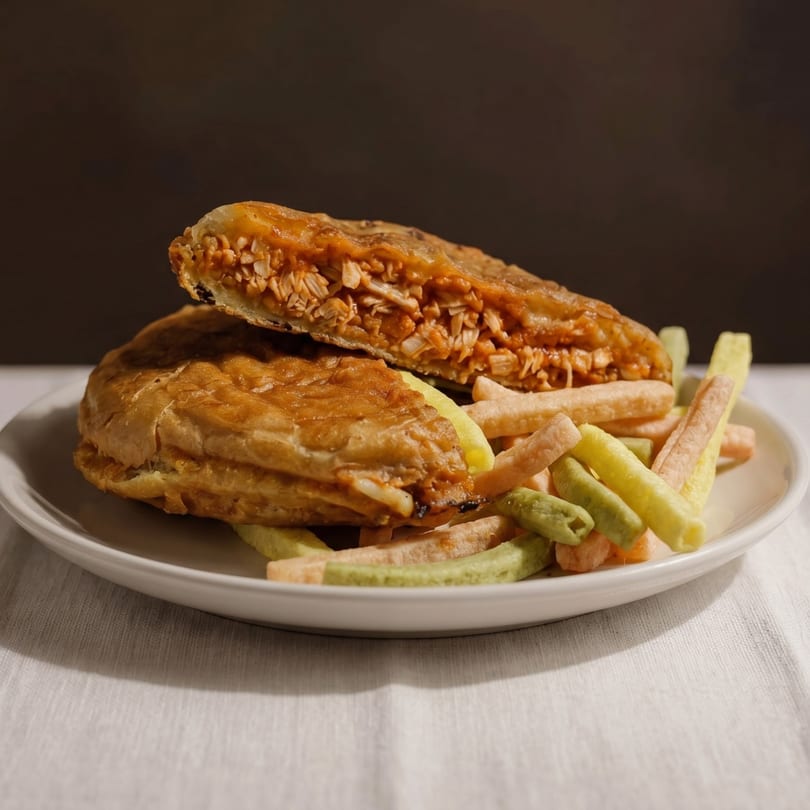 Savory pastry with shredded filling, served with colorful vegetable sticks on a white plate.