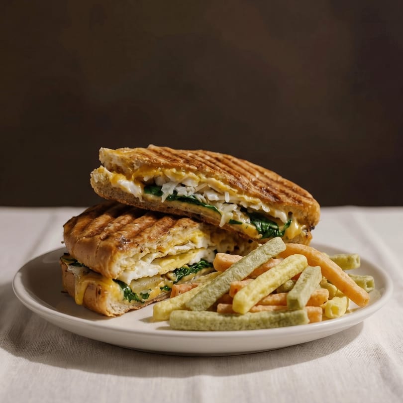 A grilled panini sandwich with melted cheese, egg, and spinach, served with vegetable sticks.