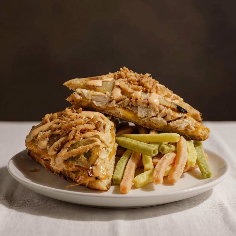 Two halves of a chicken sandwich with sauce and crispy onions, served with colorful veggie sticks.