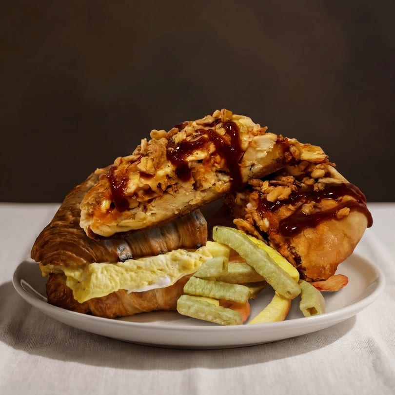 A plate with a croissant sandwich, fries, and a dessert pastry drizzled with sauce.