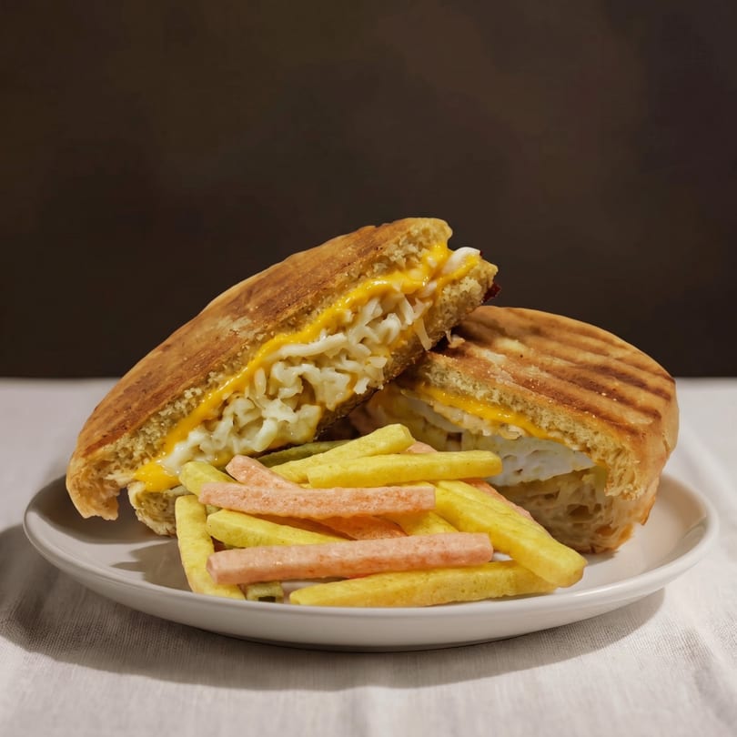 Grilled cheese sandwich with macaroni and cheese filling, served with colorful fries on a white plate.