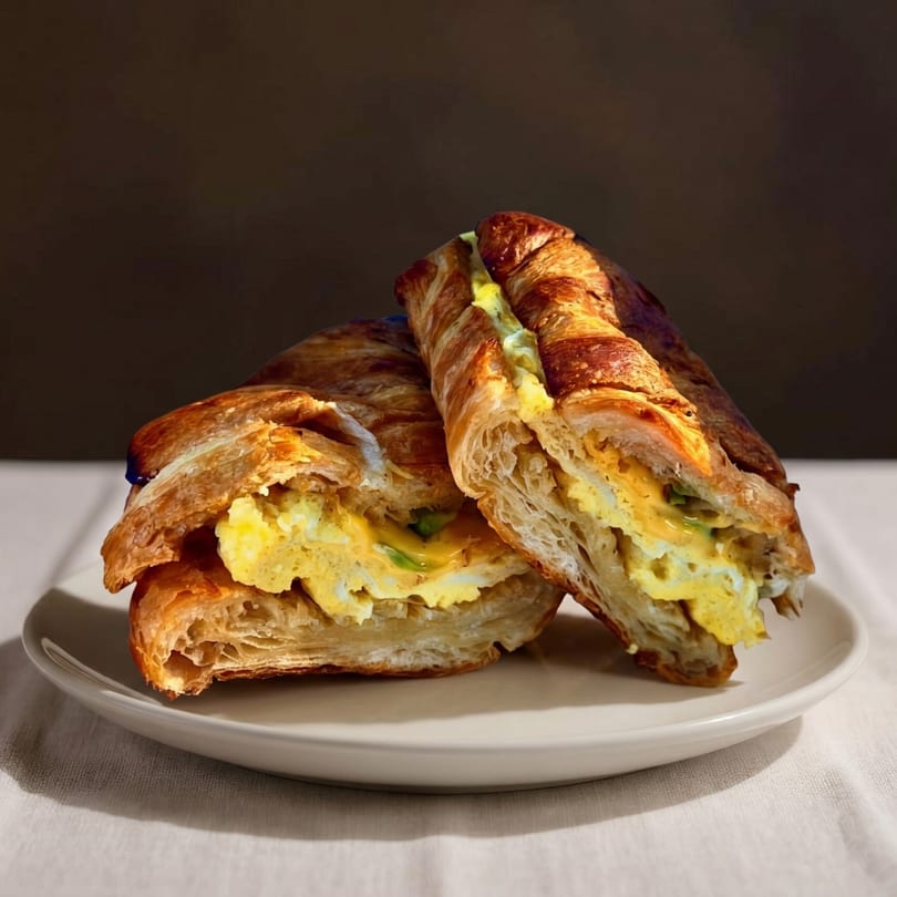 Two halves of a golden-brown croissant filled with fluffy scrambled eggs, on a white plate.